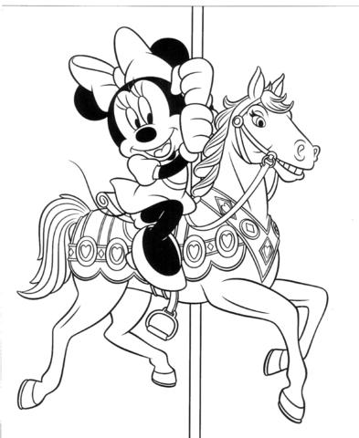 Minnie On A Toy Horse  Coloring Page